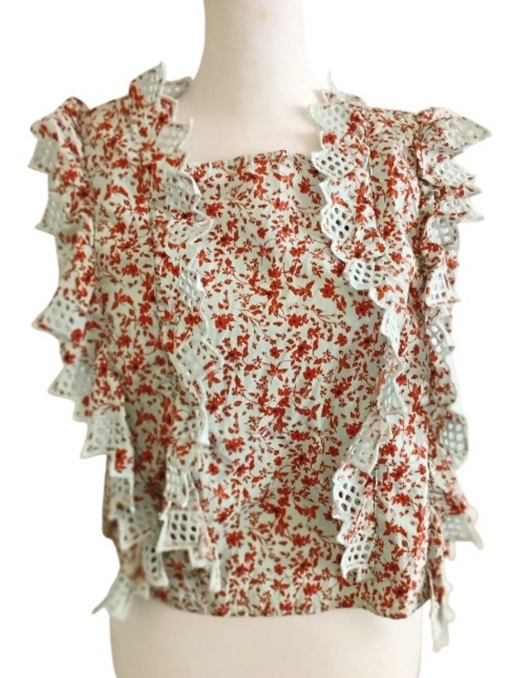 Open Back Floral Ruffle Sleeveless  Crop Top    Gront Trim Ties In The Back